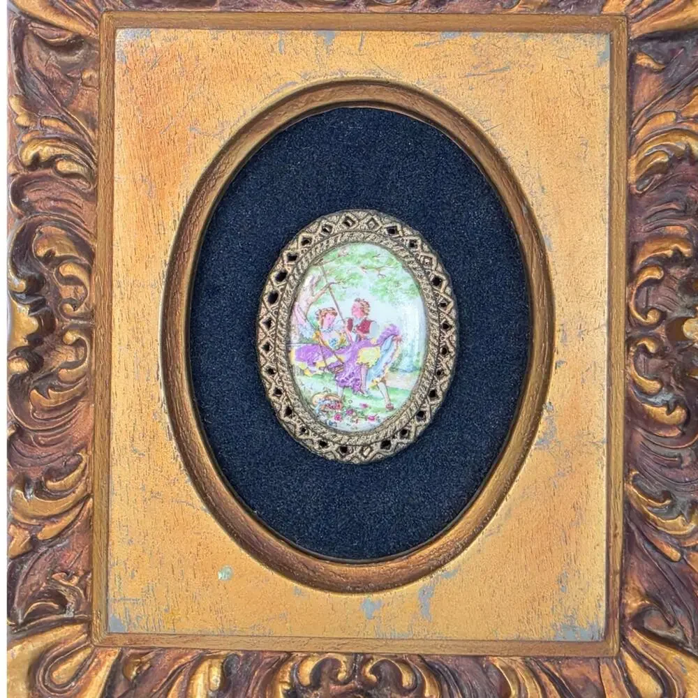 Vintage Courting Couple Miniature Portrait Plaque Ornate Frame Made in USA